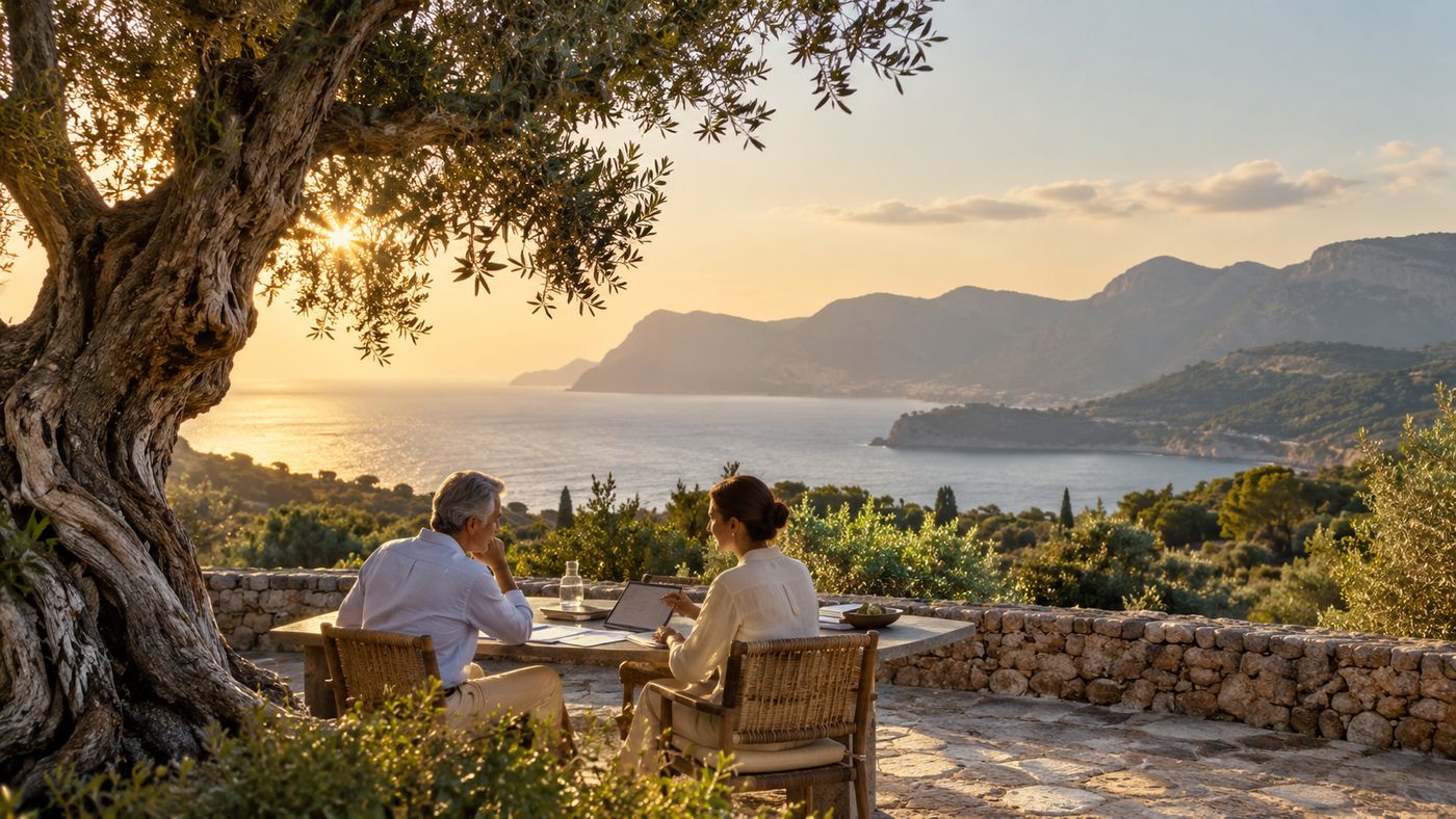 Two people in conversation at a table under an old olive tree, overlooking the Mallorcan coast at sunset